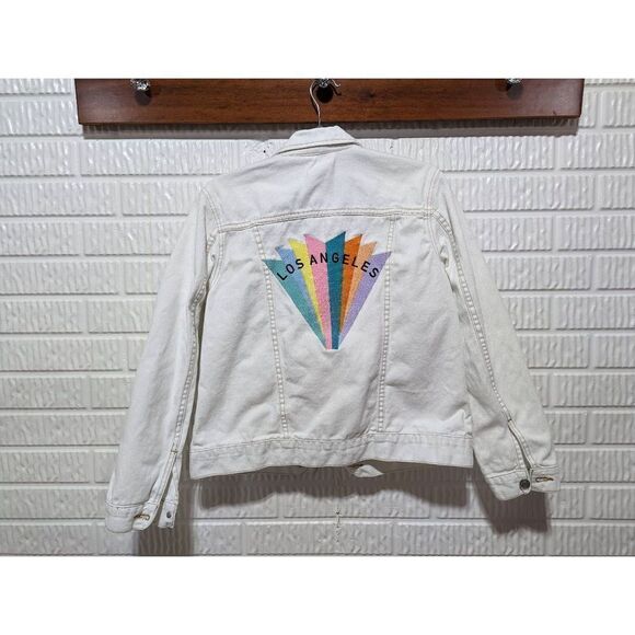 PacSun Womens White Colorful Embroidery Los Angeles Cropped Denim Jacket Medium - Picture 1 of 9